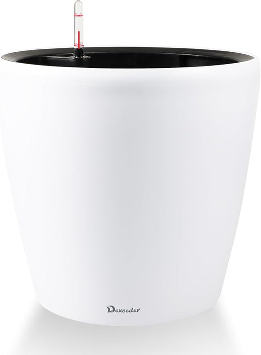Dexceder 18x17 Self Watering Planter with Wheels Indoor Outdoor, Inner Pot Design, Thickened Large Floor Standing Flower Plant Pot with Water Level Indicator (White Matte)