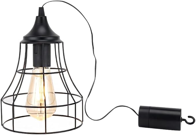 JHY DESIGN Hanging Lamp Black Battery Powered Decorative Pendant Lamp Metal Cage Battery Lamp with 6 Hours Timer for Bar Bedroom Garden Parties Patio Indoor Outdoor Living Room(Geometry)