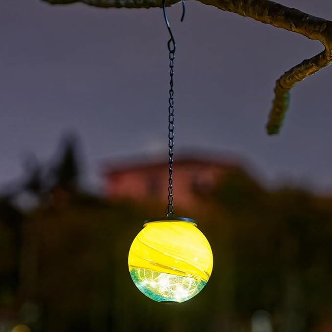 Hanging Solar Lanterns Outdoor Waterproof, Gazing Ball Globe Solar Lantern, Hanging Glass Lantern for Garden Yard Tree Outdoor Decoration
