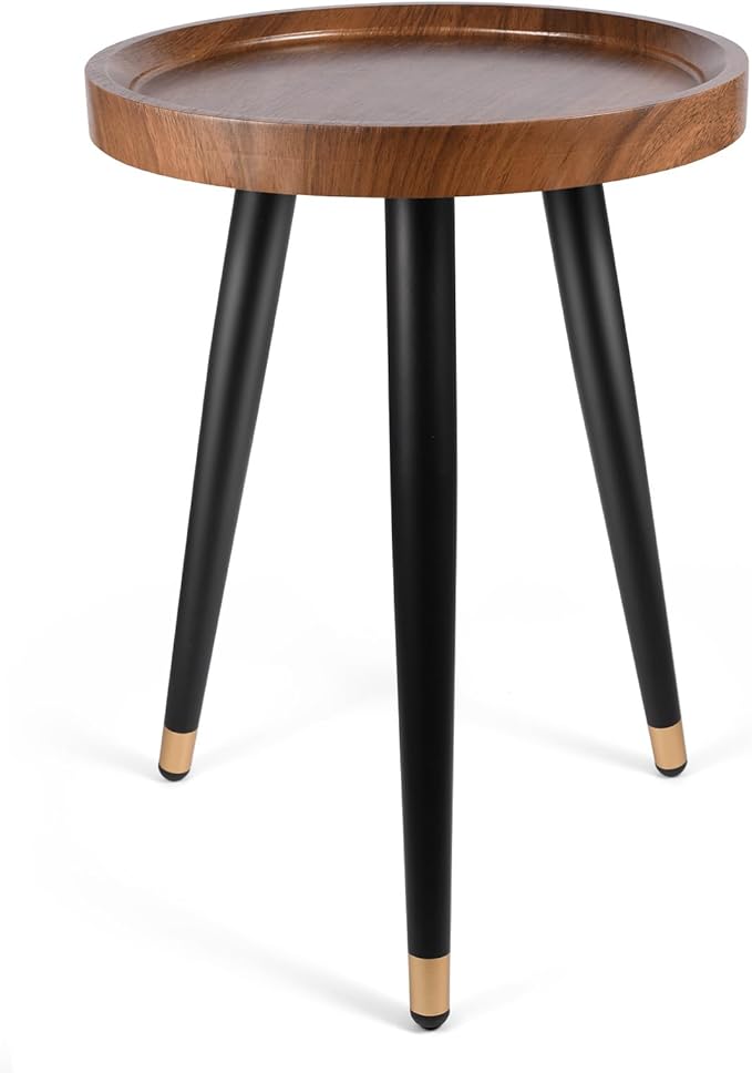 Plant Stand Indoor,Mid Century Walnut Wood Plant Table, Heavy Duty Metal Tall Flower Pot Stand,Modern Round Small Side End Table with Raised Design(12"x17")