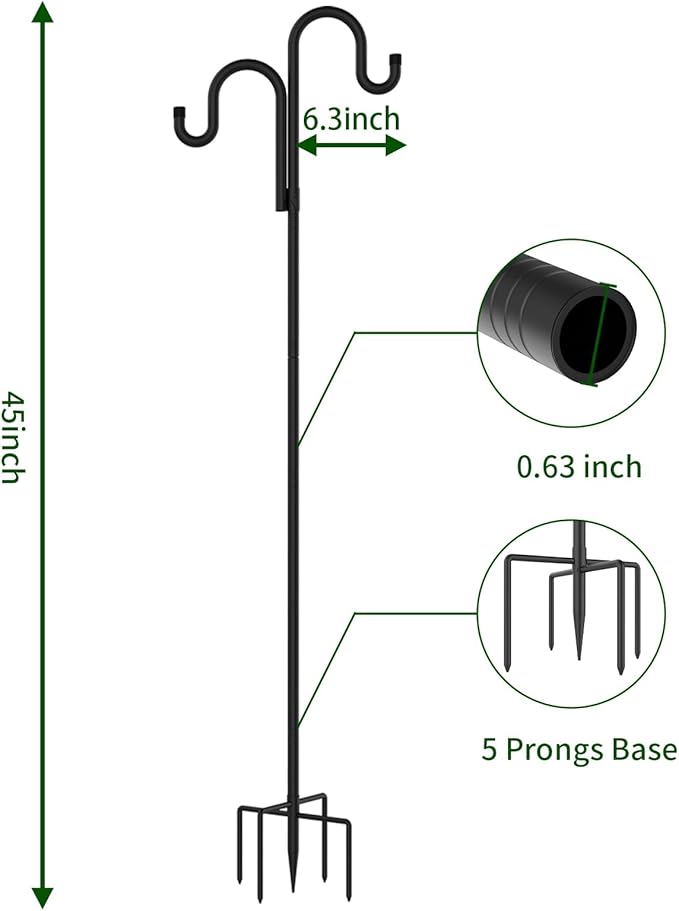 Double Shepherds Hooks for Outdoor, Bird Feeder Pole with 5 Prongs Base, Heavy Duty Garden Hook for Lantern, Wind Chime and Hummingbird Feeder, 45 Inch, 1 Pack