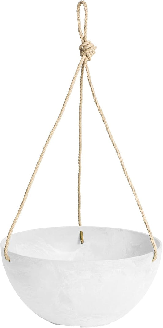Root & Vessel Self Watering Hanging Planter for Indoor or Outdoor Plants, Unique Marbled Hanging Basket Made of Eco-Friendly Blend of Stone & Plastic, White, 10"