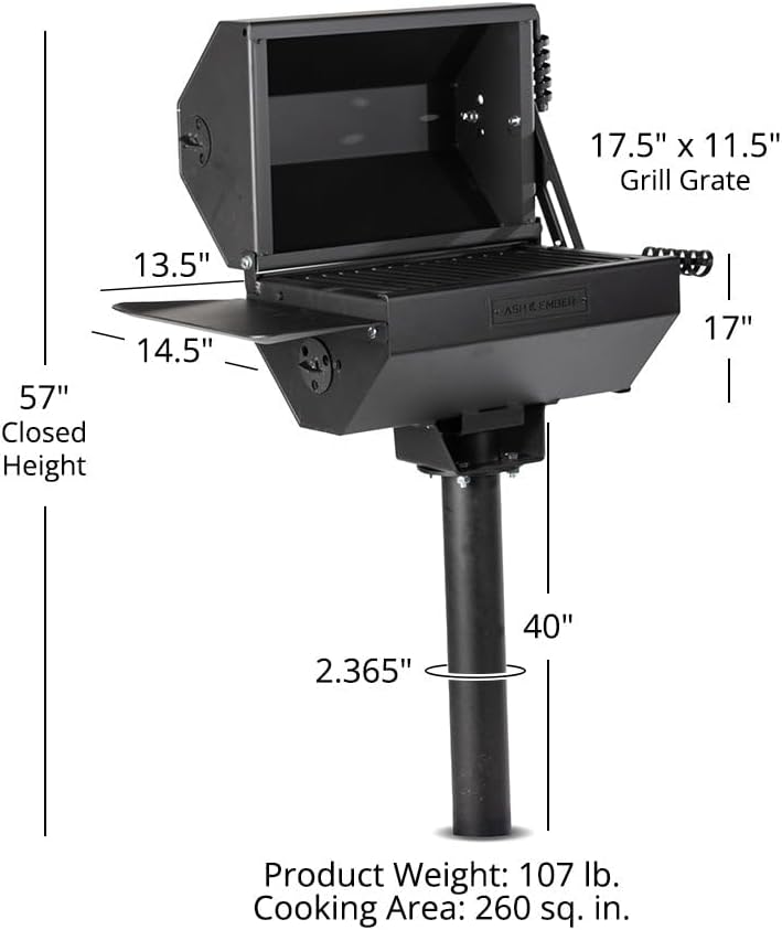 Ash & Ember Park-Style Grill/Smoker, 260 Sq In Charcoal Grill with Cover, 17.5"x11.5" Grate, Side Shelf for Food Prep, Single Post Permanent Park-Style Grill for Outdoor Backyard BBQ