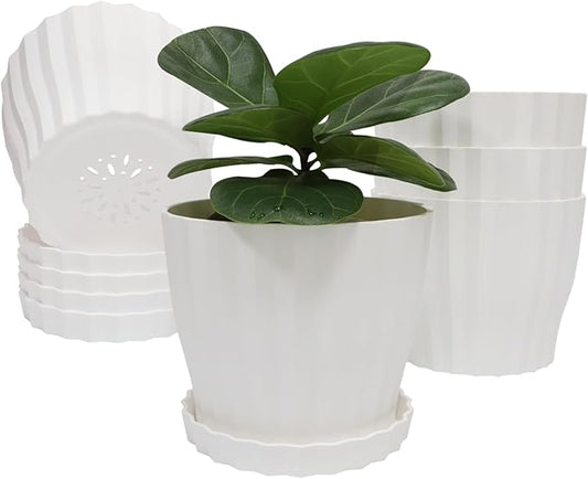 Flower Pots Outdoor Clearance 6 inch Set of 5 Succulent Planters for Indoor Plants Garden Home Holiday, Plastic Nursery Pots for Plants with Drainage Holes and Saucer, Modern Plant Pot White