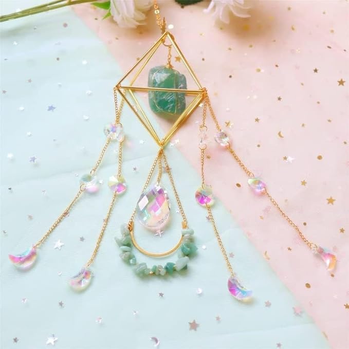 Crystal Suncatchers for Windows, Green Fluorite Gemstone Sun Catcher Hanging, Spiritual, Rainbow Maker, Crystal Boho Decor Indoor Outdoor, Natural Stone (Green Fluorite)