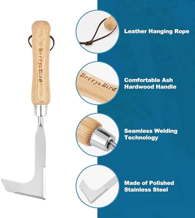 Berry&Bird Crack Weeder, Crevice Weeding Tool, 11.2" Stainless Steel Manual Weeder, L-Shaped Side-Walk Puller Spatula, Grass Cutter Knife, Weeding Sickle for Garden Lawn Yard Patio Terrace Paving Moss