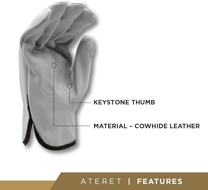 12 Pairs Heavy Duty Durable Cowhide Leather Work Gloves for Construction, Industrial and Personal Use