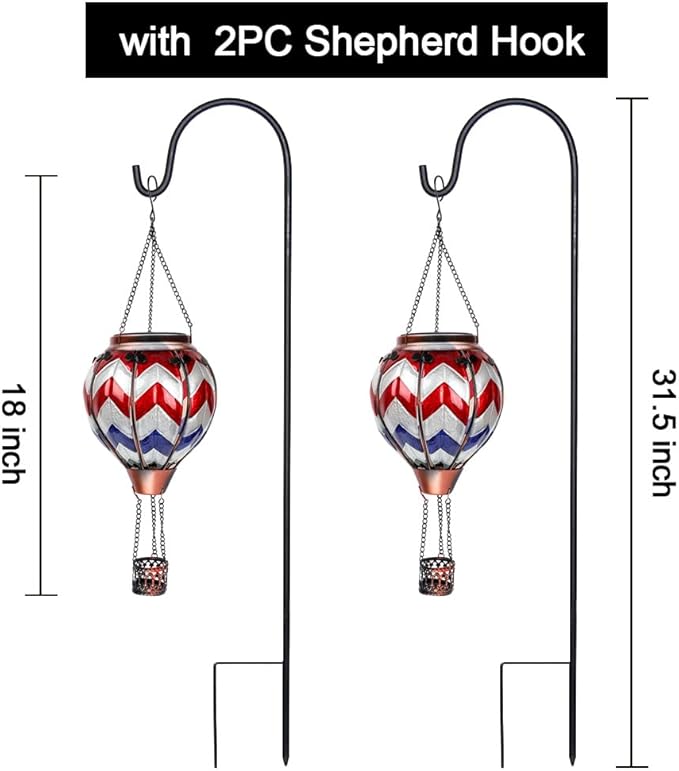 2PC Hot Air Balloon Solar Lantern with 2PC Shepherd Hook, Flickering Flame Hanging Solar Lanterns Outdoor Lights Waterproof Lanterns for Garden Patio Yard Party Decor (Wavy-Gray&Navy&Red)