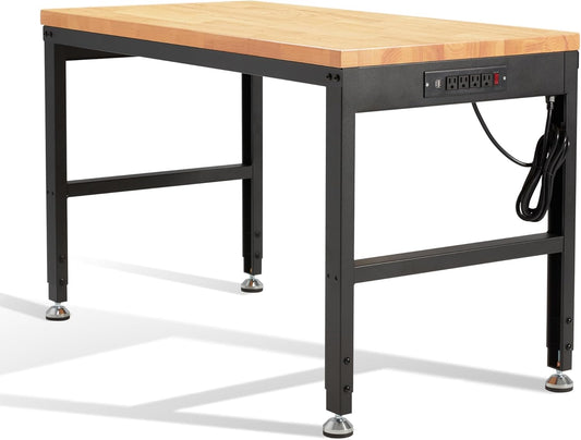 HABUTWAY Height Adjustable Workbench 48"x 24" 2000 Lbs Capacity Solid Wood Work Station Heavy-Duty Work Tables with Power Outlets for Garage Party Shop Office