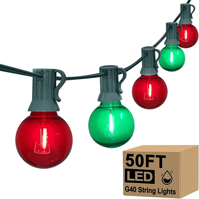 GOOTHY 50Ft Outdoor Red/Green Christmas Lights, G40 Globe Patio String Lights with 25 Ceramic Colorful Bulbs(2 Spare), Outside Christmas Lights for Holiday Party Backyard Christmas