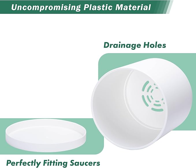 D'vine Dev 2 Pack 10 Inch Modern Plastic Plant Pots, Small Garden Planters for Plant with Drainage Holes and Saucers, White Color, 74-Z-N-1