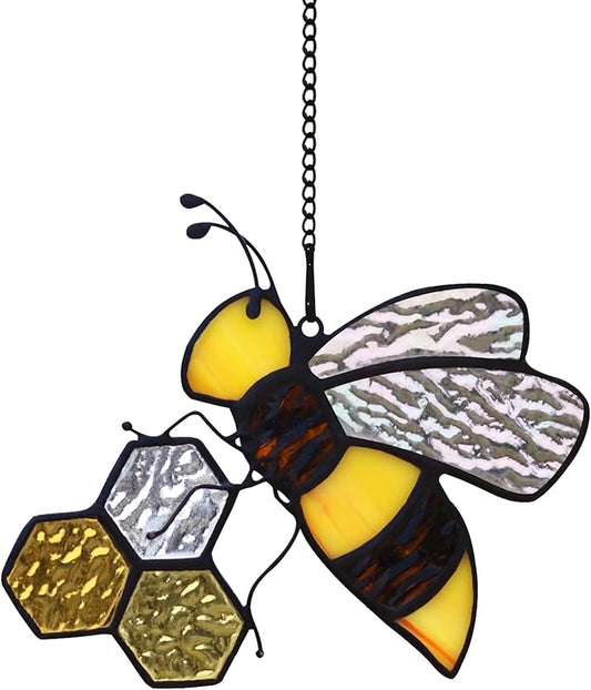 Bee On Honeycomb Stained Glass Window Hangings, Bee Suncatcher Garden Bee Decor Bee Gift for Mom Women
