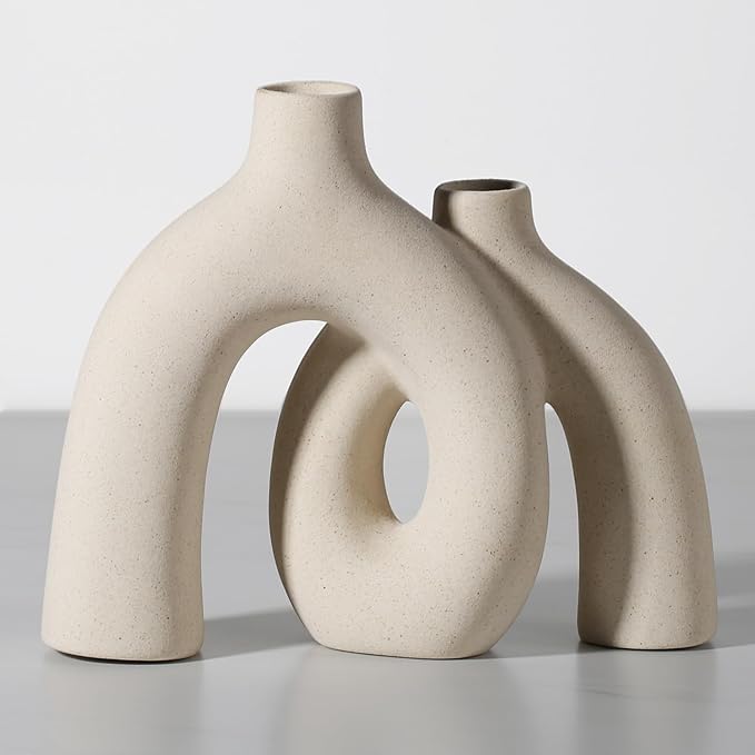 CEMABT Modern Nordic Boho Vase Set - Elegant Beige Matte Ceramic Home Decor for Living Room, Bookshelf, Mantel, Entryway Table & Console Décor | Shelf Decorations Gift