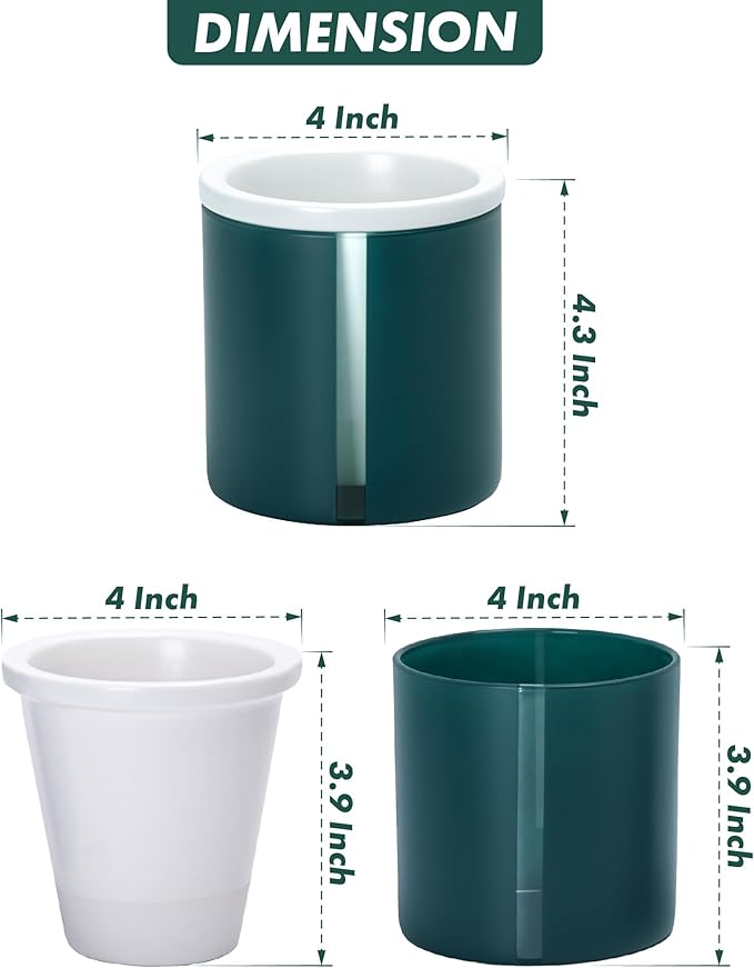 D'vine Dev 4 Inch Design Self Watering Planter for Indoor Plants, White Terracotta Pot with Teal Cylinder Glass Cup, Set of 2, 37-Y-A-5
