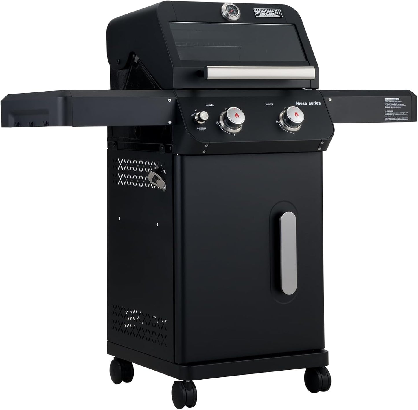 Monument Grills 2-Burner Stainless Steel Liquid Propane Gas Grill, Two Foldable Shelves Patio Garden Barbecue Grill with Clearview® Lid, Knob Control Mesa220, Black
