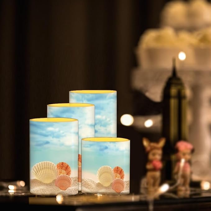 Flameless Candles Battery Powered LED Candle with Remote Timer Color Changing Control Set of 4 for Indoor Outdoor Beach Wedding Home Indoor Coastal Decor, Beach Seashell Blue