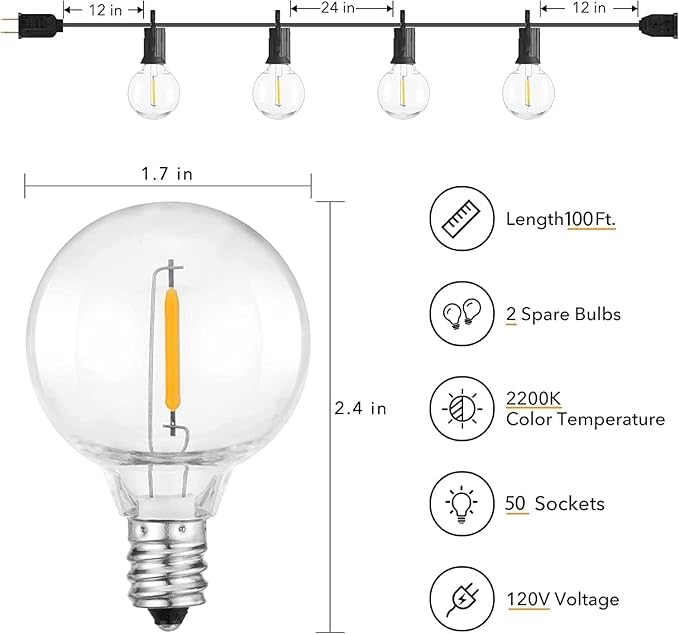 Brightown Outdoor String Lights - 100 FT Patio Lights with 50 LED G40 Globe Plastic Bulbs, All Weatherproof Connectable Commercial Hanging Light for Outside Backyard Porch Cafe