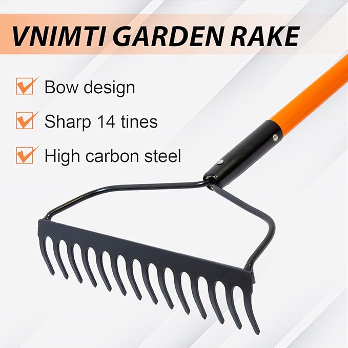 Garden Rake for Gardening, Heavy Duty Garden Rake for Lawns, 14 Tines Bow Rake with Fiberglass Handle, 58 Inches