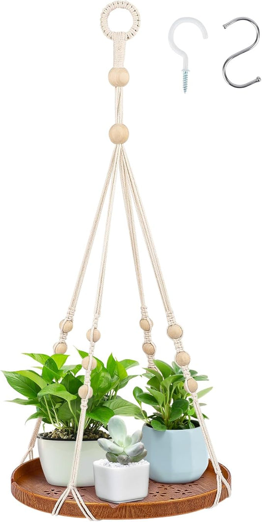 SUREAM Macrame Plant Shelf Hangers, Large Hanging Baskets for Plants with Flower CutOuts and Handmade Cotton, Indoor Outdoor Plant Hangers with Wood Tray for Garden Home Decor - No Plant/Pot Included