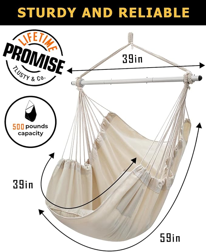 ADVOKAIR Hammock Chair Swing (500 lbs Max-2 Cushions) - Hanging Hammock Chair Rope Swing Indoor for Bedroom, Outdoor, Patio, Bedroom, Porch, Deck - Sturdy Steel Bar with Anti-Slip Safety Rings