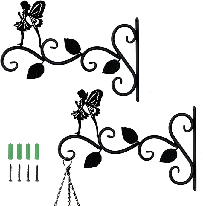 Hanging Plants Bracket 12" Angel Planter Outdoor Hooks Hangers for Flower Baskets Pot Bird Feeder Wind Chimes Lanterns Patio Garden Outdoor Indoor Metal Black, 2 Pack