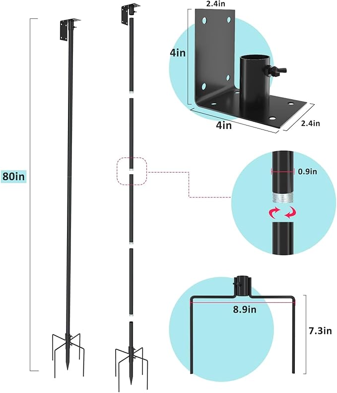 ERYTLLY Bird House Pole Mount Kit 80 Inch - Adjustable Hummingbird Bird Feeder Post Support Rod Universal Stand Set with 5 Prongs for Outdoor, Yard, Garden Decor, Black