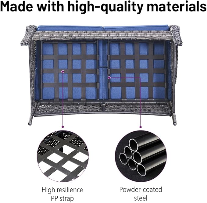 5 Piece Outdoor Patio Furniture Set - Wicker Furniture Patio Conversation Set, Outdoor Swivel Rocker Chairs with Loveseat Sofa and 2 Ottomans for Small Space, Blue Cushion