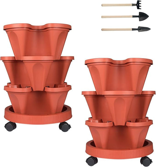 Vertical Planter 3 Tier Stackable Planters Garden Planters Strawberry Herb Flower and Vegetable Planter Indoor Outdoor Gardening Pots with Removable Wheels and Tools 2-Pack