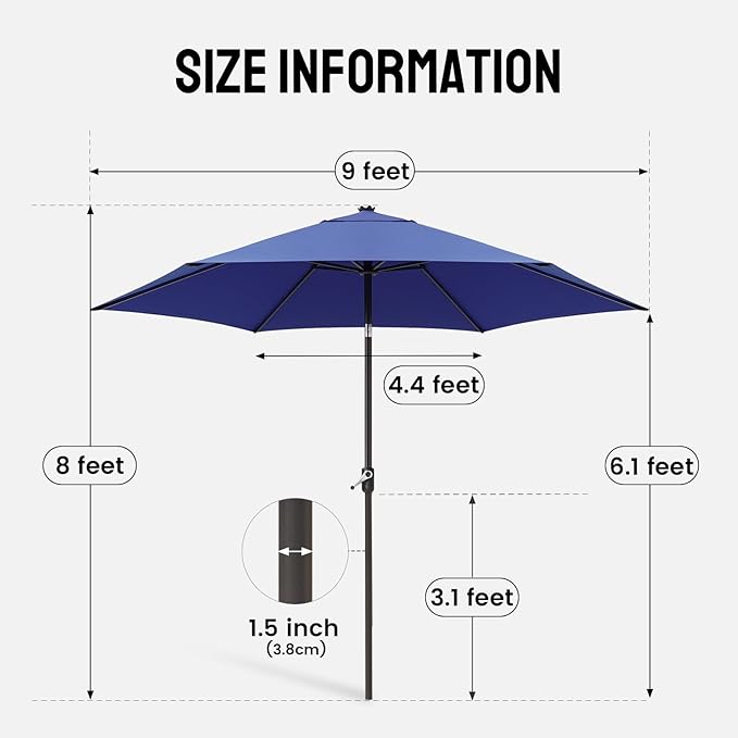 CROWN SHADES 9 Ft Patio Umbrella - Polyester Outdoor Umbrella with 30° Push Button Tilt, Patented Edge Connection Windproof Design for Patio, Pool, Garden & Table, UV Resistent