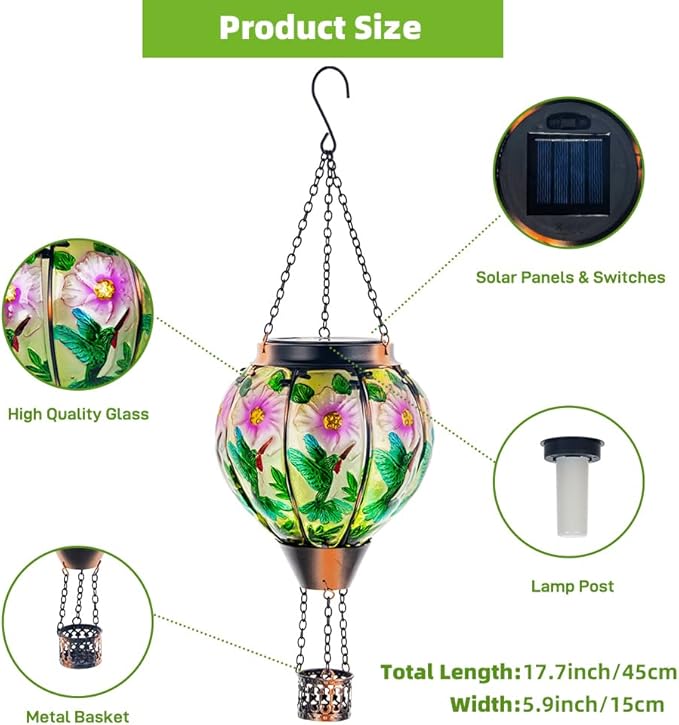 DREAMSOUL Hummingbird Hot Air Balloon Solar Lantern, Hanging Solar Lanterns Outdoor with Flickering Flame Light, Metal & Glass Solar Lanterns Outdoor Waterproof for Patio Yard Decor