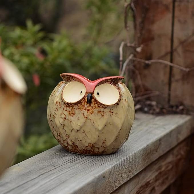 GeLive Owl Planter Ceramic Succulent Plant Pot Fun Animal Flower Container Decoration Tabletop Decor Windowsill Box with Drainage Hole (Round Owl Planter)
