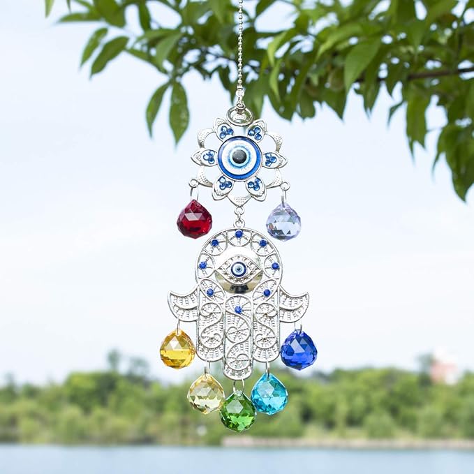 Hamsa Hand with Blue Evil Eye Protection Hanging Crystal Ornament with Chakra Energy Crystal Balls