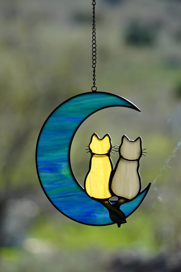 Cat Stained Glass Suncatcher – Cat on Moon Real Glass Window Hanging – Unique Modern Design Wall Art for Home or Garden Décor – Perfect Cat Lover Gift