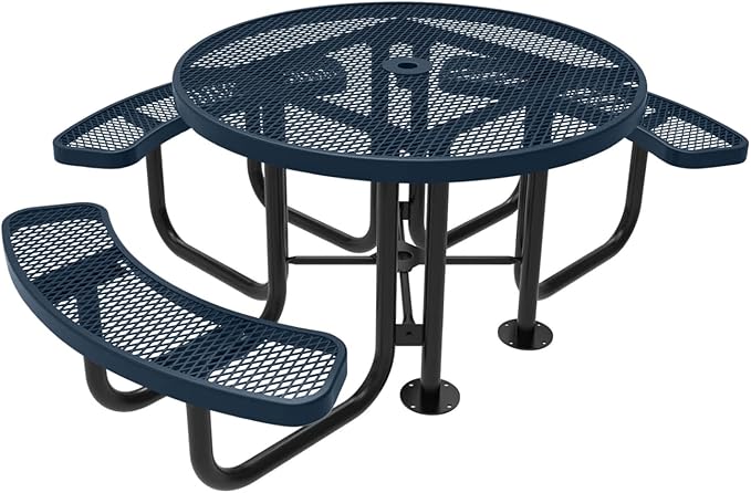 Heavy-Duty Portable Outdoor Picnic Table with Umbrella Hole, Expanded Metal Patio Dining Furniture Made in America (46" Round Top, Dark Blue)