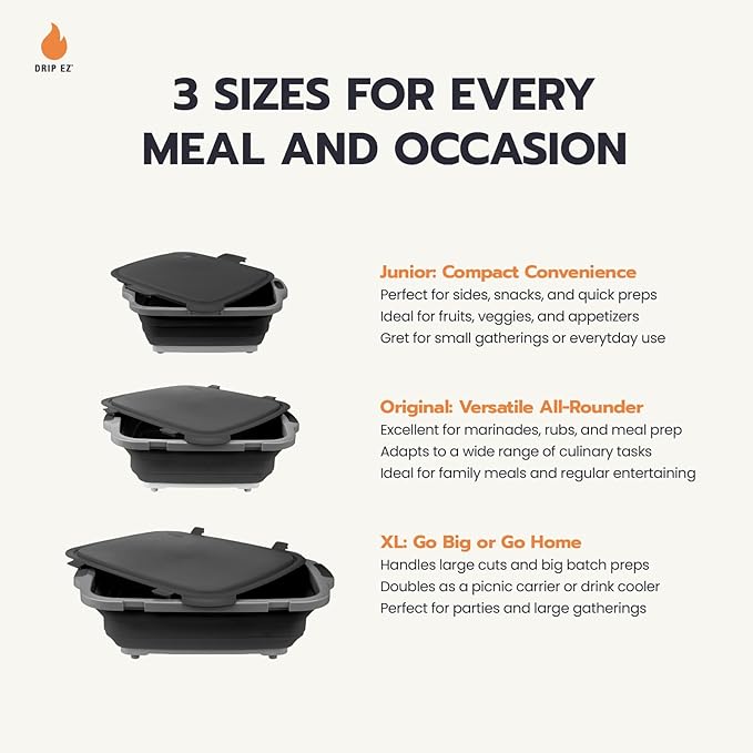 Drip EZ Collapsible BBQ Prep Tubs 3-Piece Set- For Meal Prep Marinating Food Storage - Includes Cutting Board & Lid - (1) JR - Orange + (1) OG - Orange + (1) XL - Black