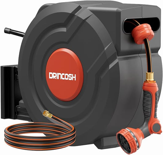 Upgraded Retractable Garden Hose 5/8 in x 115 ft Heavy Duty Wall-Mounted Hose Reel 180°Swivel Automatic Slow Return Any Length Lock 9 Pattern Nozzle UV Resistant (Black)