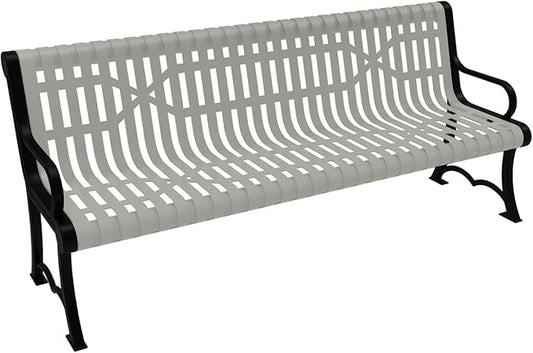 Heavy-Duty Outdoor Bench Thermoplastic Coated, Slated Steel, Commercial-Grade Garden Bench, Made in America (Portable with Back, 6 Ft, Textured Grey)