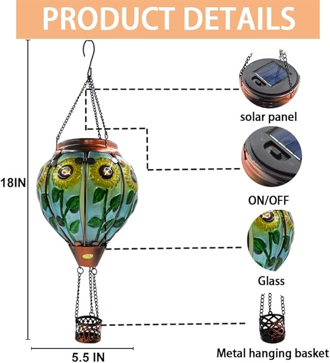 2PC Hot Air Balloon Solar Lantern with 2PC Shepherd Hook, Flickering Flame Hanging Solar Lanterns Outdoor Lights Waterproof Lanterns Decorative Garden Patio Yard Party Decor (Sunflower)