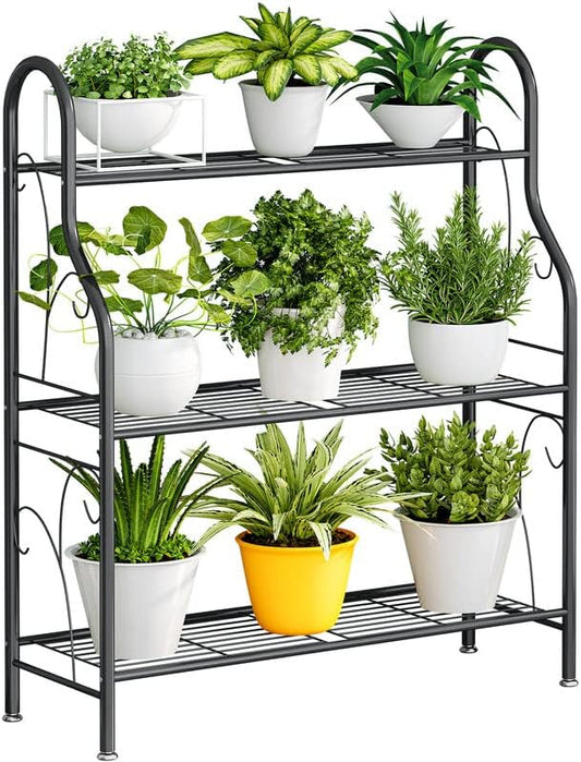 SORCEDAS Plant Stand Indoor Outdoor Plant Shelf 3 Tier Metal Corner Flower Stand Multiple Holder for Patio Garden Balcony Living Room, Dark Grey