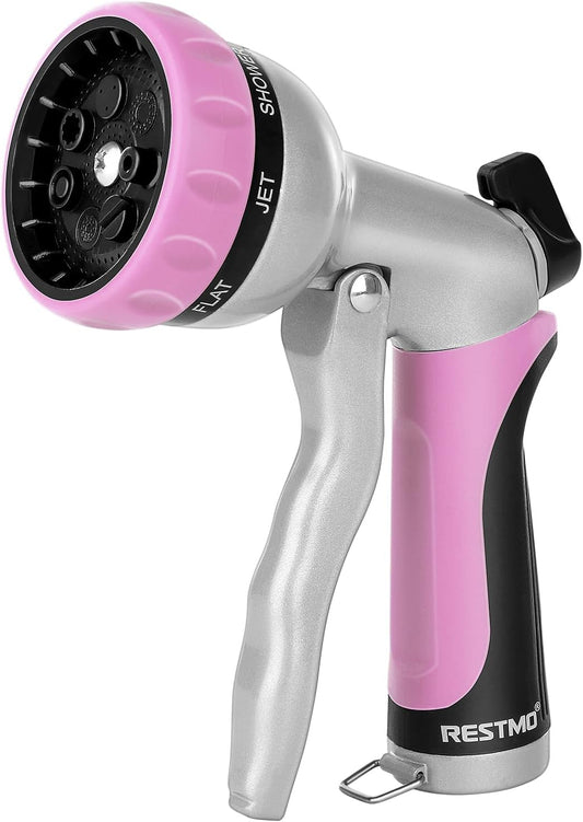 RESTMO Garden Hose Nozzle, Heavy Duty Metal Water Hose Nozzle with 7 Adjustable Spray Patterns, High Pressure Hand Sprayer with Flow Control, Best for Watering Plant & Lawn, Washing Car & Pet, Pink