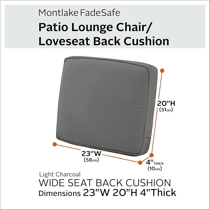 Classic Accessories Montlake Water-Resistant 23 x 20 x 4 Inch Patio Lounge Back Cushion, Light Charcoal Grey, Outdoor Loveseat Cushions