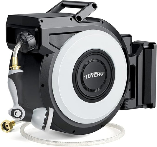Tuyeho Retractable Garden Hose Reel 90 FT, Wall Mount Heavy Duty Water Hose Reels with Automatic Slow Rewind System, Outdoor Hoses Reel with 2 Hose Nozzles for Garden Watering, Car Wash, Pet Shower