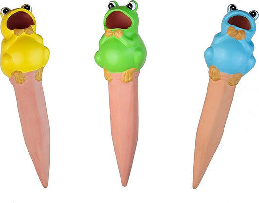 Terracotta Plant Self Watering Spikes - Set of 3 Terracotta Self Watering Bulbs, Self Watering Stakes, Self Watering Globes for Pot Plants (Frogs Painted, Large)