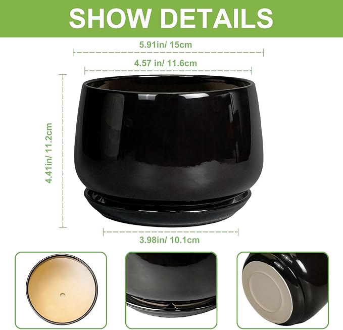 G EPGardening 6 Inch Planter - Ceramic Pot for Plants, Ceramic Planter with Drainage and Saucer, Round Flower Pot Indoor Outdoor, Modern Room Decor, Home Gifts, Black