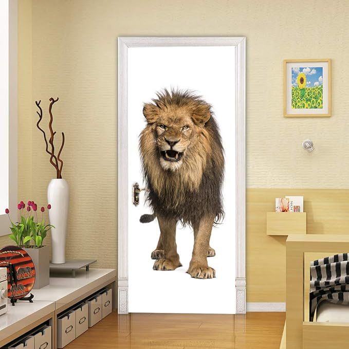 3D Peel and Stick Murals - Lion - Wallpaper Self-Adhesive Decals - Removable PVC Waterproof Door Poster for Bedroom Living Room Decoration - 37.4 x 84.6 inch