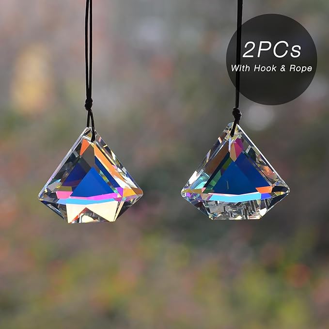 2PCS Clear Diamond Crystal Sun Catcher Prisms, STINO Hanging Suncatchers with Glass Prism, Rainbow Maker for Windows, Balcony, Kitchen, Garden Decoration (1, Diamond ABColor 2Pcs)