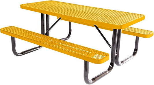 Coated Outdoor Furniture Heavy-Duty Portable Outdoor Picnic Table, Thermoplastic Coated Expanded Metal Commercial-Grade Patio Dining Furniture Made in America (6ft Rectangular, Textured Yellow)