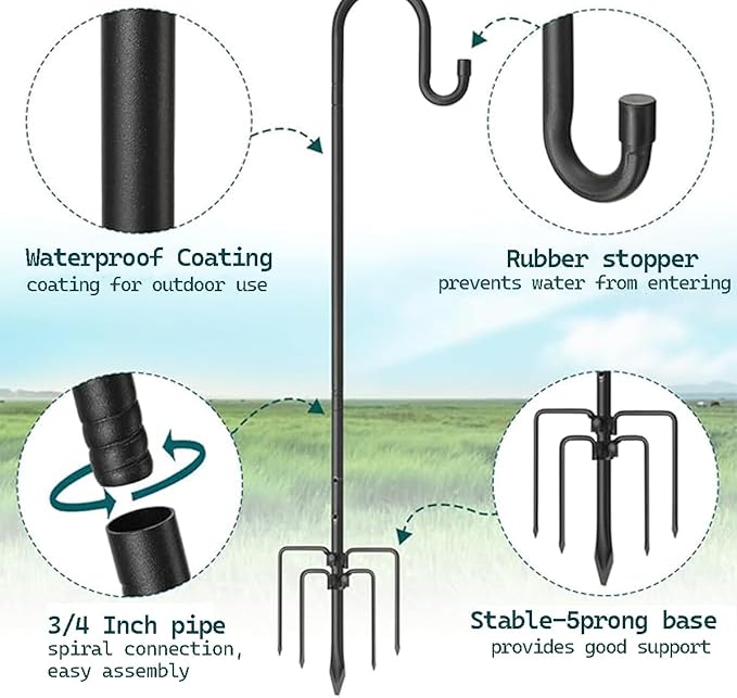 CMASTER Shepherd Hook for Outdoor, 1 Pack 46Inch Bird Feeder Pole with 5 Prong Base Heavy Duty Adjustable Garden Hook for Hanging Plant, Hummingbird Feeder, Lantern(46Inch)