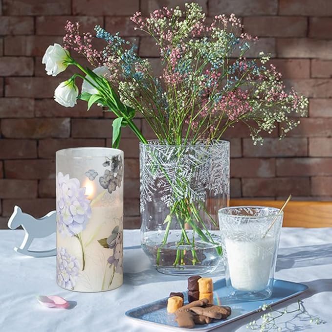 Hydrangea Flameless Candles Flickering, Spring LED Battery Operated Candles with Remote Timer, Glass and Real Wax Pillar Candles for Garden Home Decor(Set of 3, D3 xH4 5" 6")