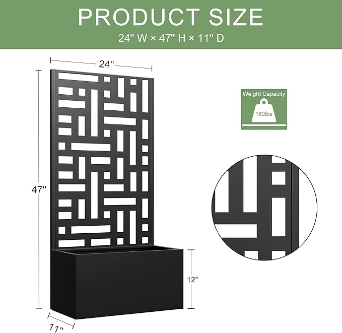 Casaphoria Metal Raised Garden Bed with Trellis, 47"x24"x12" Planter Box for Climbing Plants, Vegetables & Vines, Features Drainage Holes and Privacy Screen (Black-Helen)